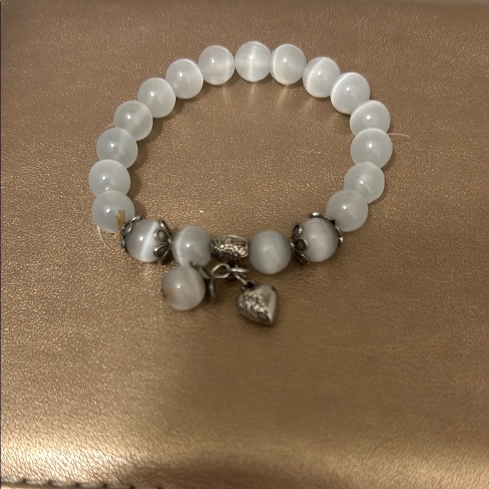 White Beaded Bracelet with Heart Charm - Women's Fashion Jewelry